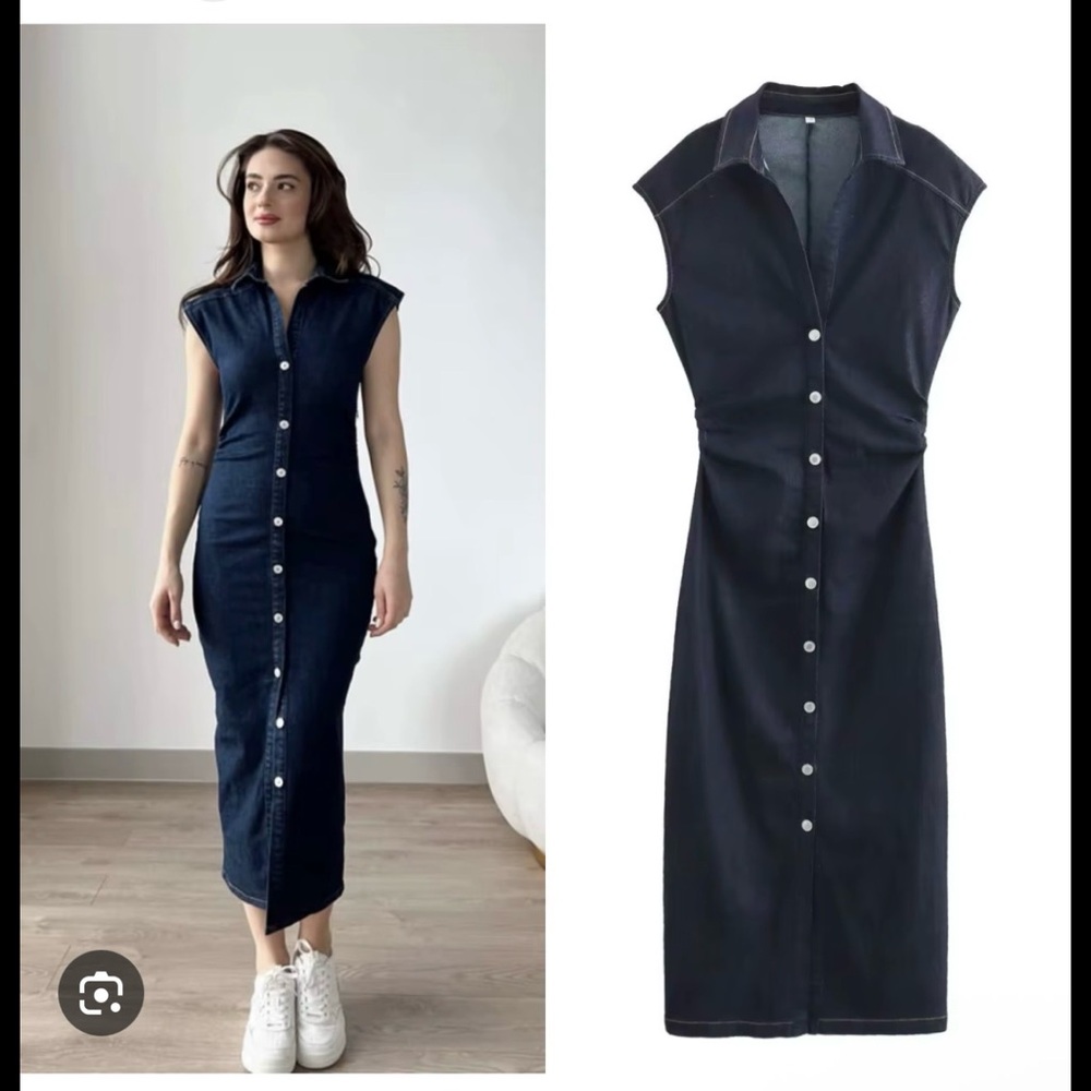Zara Navy Button-Front Sleeveless Midi Dress